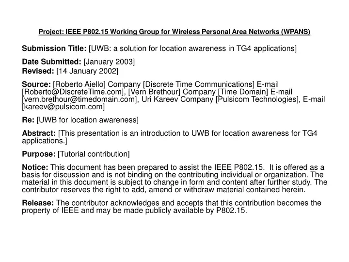 project ieee p802 15 working group for wireless personal area networks wpans