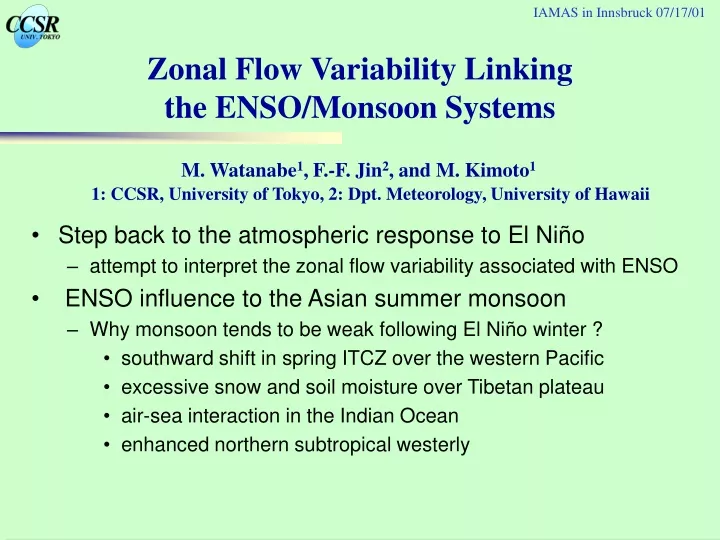 zonal flow variability linking the enso monsoon systems