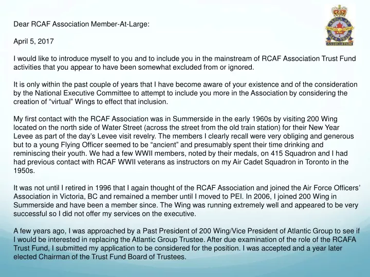 dear rcaf association member at large april
