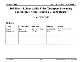 802.11aa – Robust Audio Video Transport Streaming  Vancouver, British Columbia  Closing Report