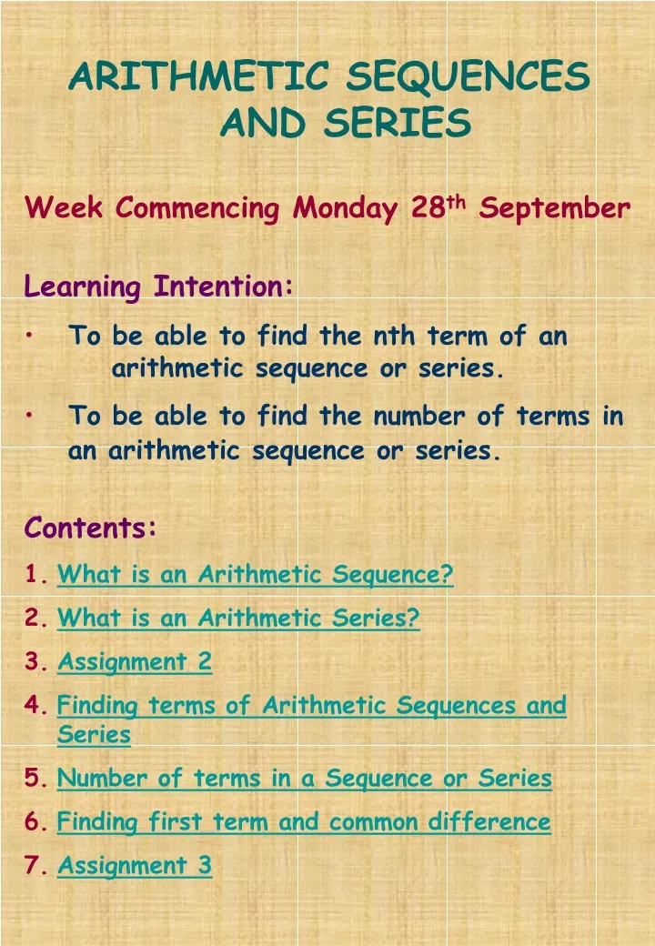 arithmetic sequences and series week commencing