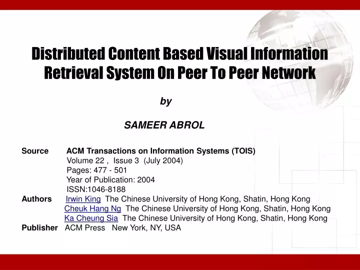 distributed content based visual information retrieval system on peer to peer network