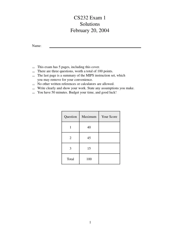 cs232 exam 1 solutions february 20 2004