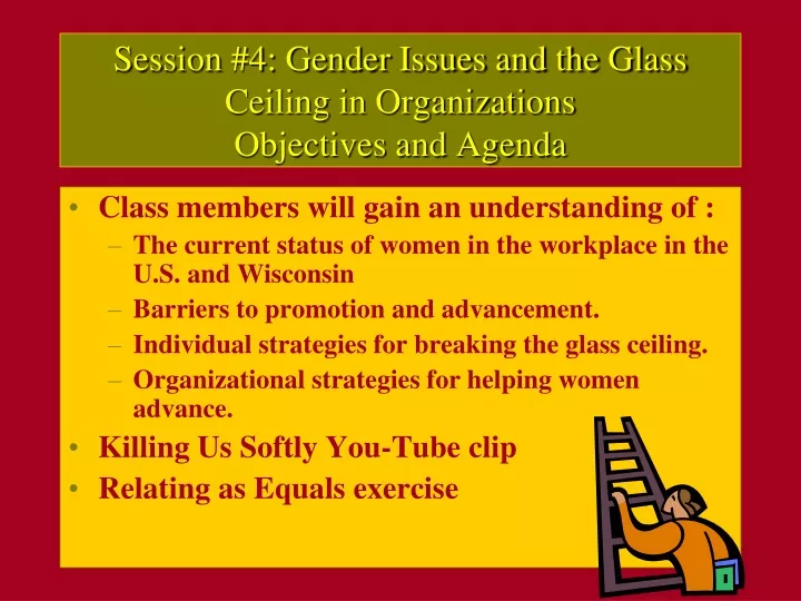 session 4 gender issues and the glass ceiling in organizations objectives and agenda
