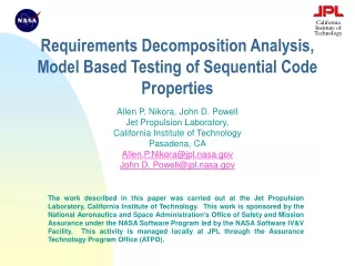 Requirements Decomposition Analysis, Model Based Testing of Sequential Code Properties