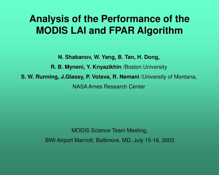 analysis of the performance of the modis lai and fpar algorithm
