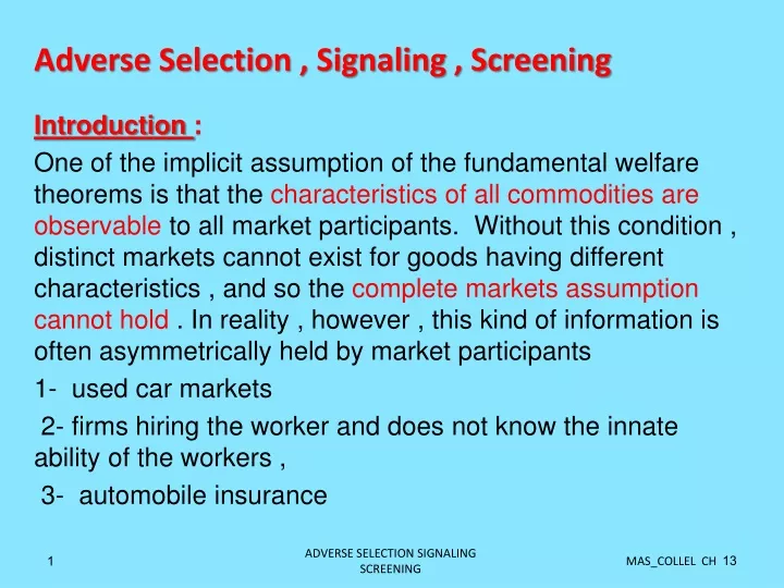 adverse selection signaling screening