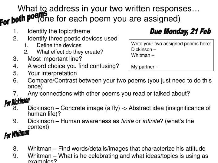 what to address in your two written responses one for each poem you are assigned