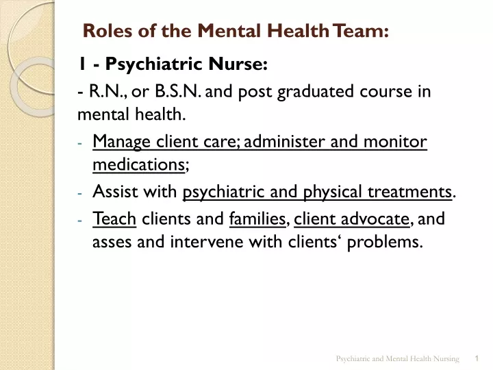 roles of the mental health team