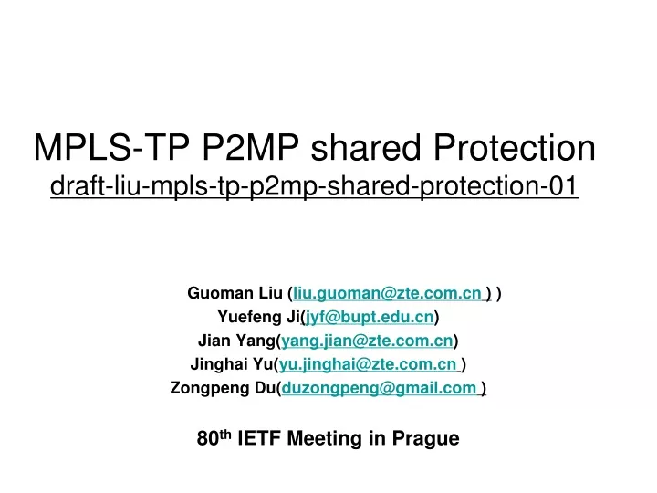 mpls tp p2mp shared protection draft liu mpls tp p2mp shared protection 01