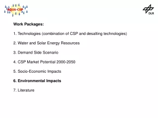 Work Packages: 1. Technologies (combination of CSP and desalting technologies)