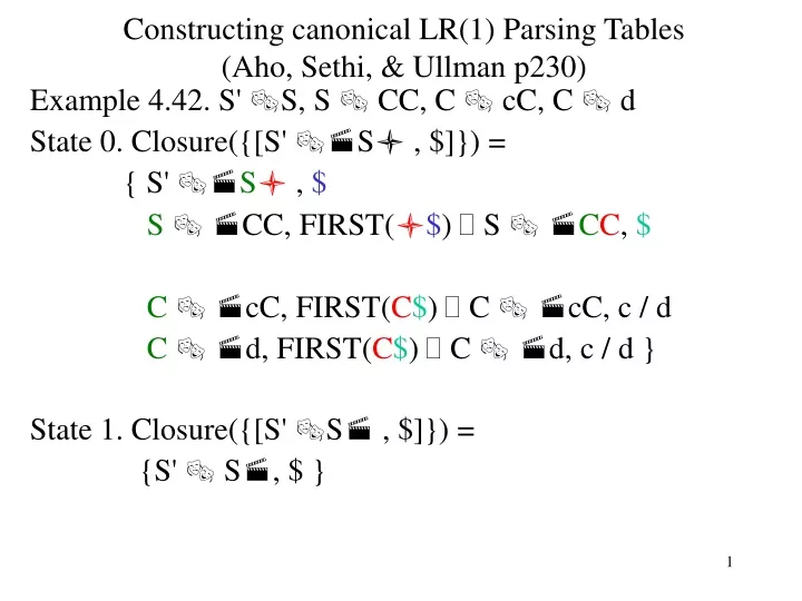 constructing canonical lr 1 parsing tables aho sethi ullman p230