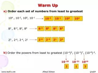 a) Order each set of numbers from least to greatest