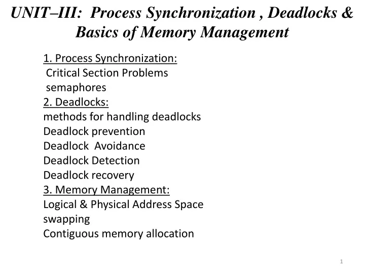 unit iii process synchronization deadlocks basics