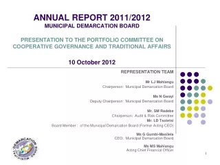 REPRESENTATION TEAM Mr LJ Mahlangu Chairperson:  Municipal Demarcation Board Ms N Gwayi