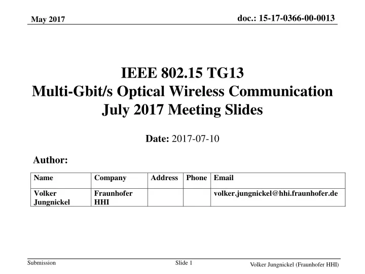 ieee 802 15 tg13 multi gbit s optical wireless communication july 2017 meeting slides