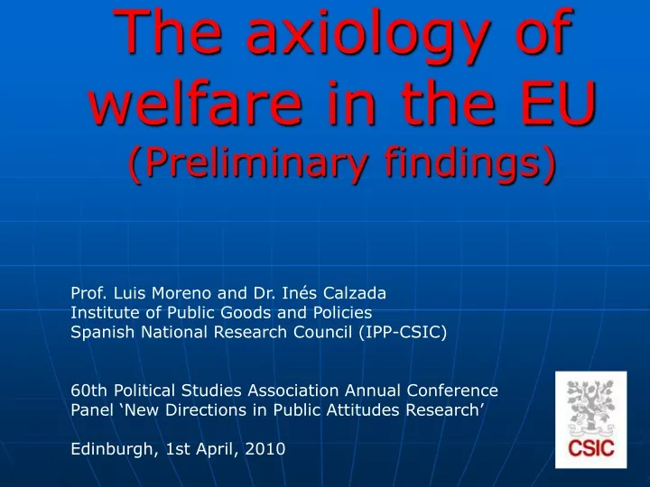 the axiology of welfare in the eu preliminary