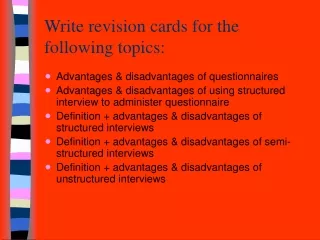 Write revision cards for the following topics: