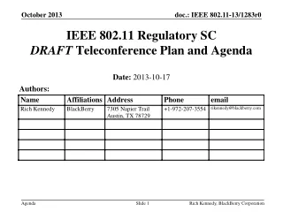 IEEE 802.11 Regulatory SC DRAFT  Teleconference Plan and Agenda