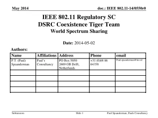 IEEE 802.11 Regulatory SC DSRC Coexistence Tiger Team World Spectrum Sharing