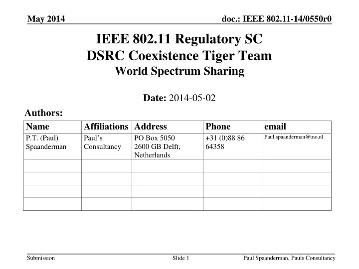 ieee 802 11 regulatory sc dsrc coexistence tiger team world spectrum sharing