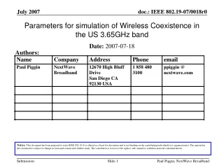 Parameters for simulation of Wireless Coexistence in the US 3.65GHz band