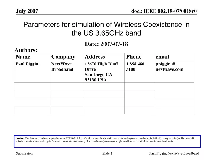 parameters for simulation of wireless coexistence in the us 3 65ghz band