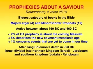 PROPHECIES ABOUT A SAVIOUR Deuteronomy 4 verse 25-31 Biggest category of books in the Bible
