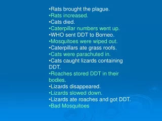 Rats brought the plague. Rats increased. Cats died.  Caterpillar numbers went up. 