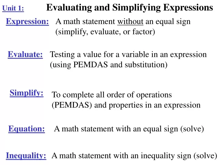 unit 1 evaluating and simplifying expressions