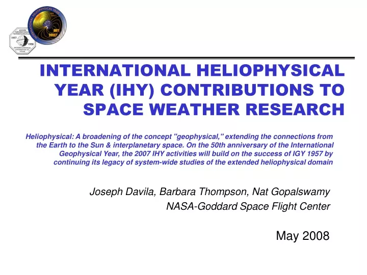 international heliophysical year ihy contributions to space weather research