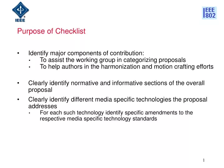 purpose of checklist identify major components