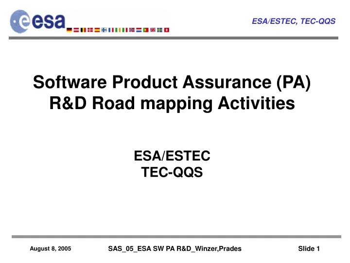 software product assurance pa r d road mapping activities
