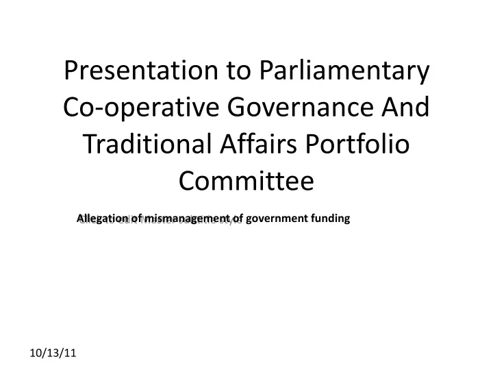 presentation to parliamentary co operative governance and traditional affairs portfolio committee