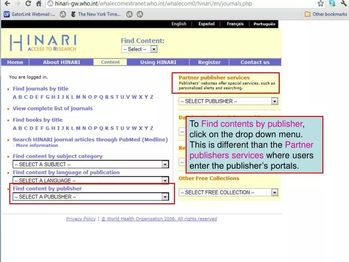 to find contents by publisher click on the drop