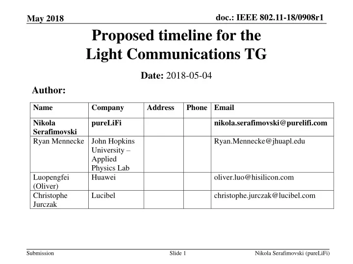 proposed timeline for the light communications tg