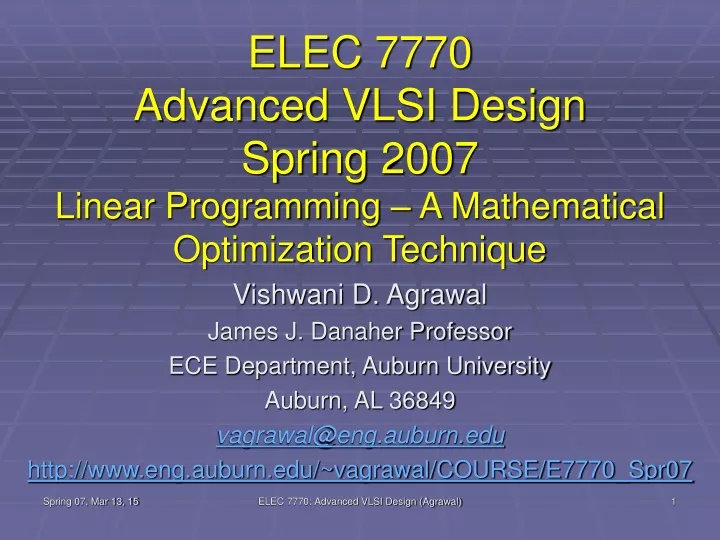 elec 7770 advanced vlsi design spring 2007 linear programming a mathematical optimization technique