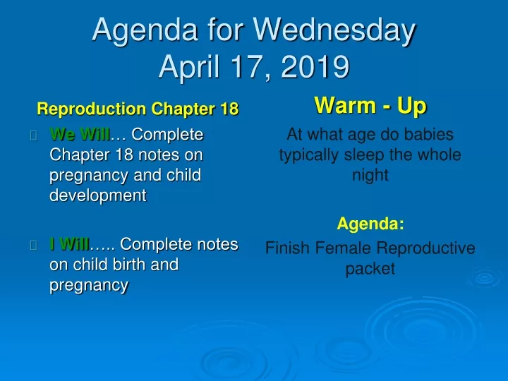 agenda for wednesday april 17 2019