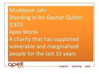 Moddessir Jafri Standing in for Gaynor Quilter (CEO) Apex Works