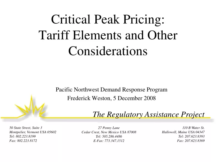 critical peak pricing tariff elements and other considerations