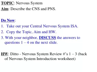 TOPIC : Nervous System Aim : Describe the CNS and PNS. Do Now :