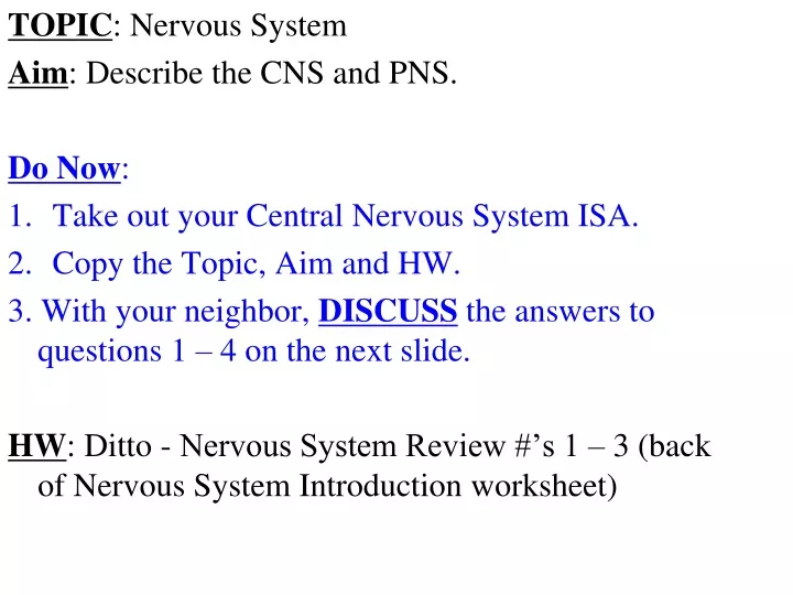 topic nervous system aim describe