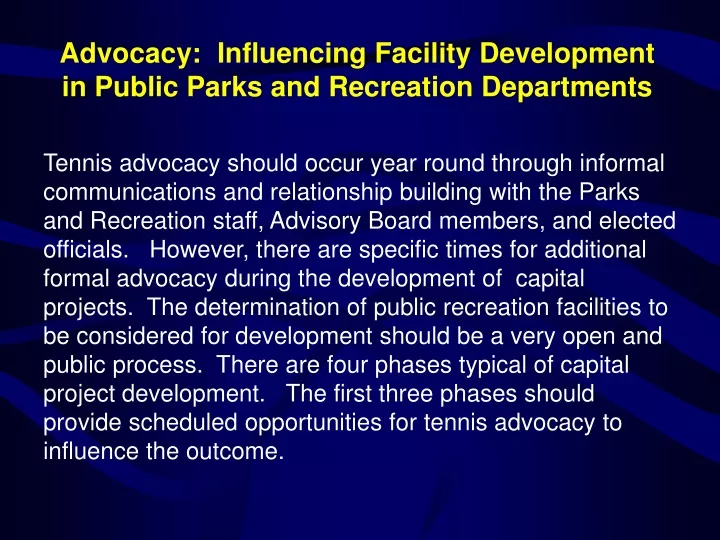 advocacy influencing facility development in public parks and recreation departments
