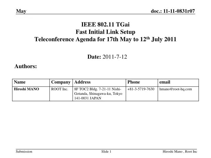ieee 802 11 tgai fast initial link setup teleconference agenda for 17th may to 12 th july 2011