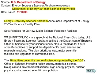 Energy Secretary Spencer Abraham Announces Department of Energy 20-Year Science Facility Plan