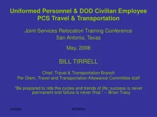 Uniformed Personnel &amp; DOD Civilian Employee PCS Travel &amp; Transportation