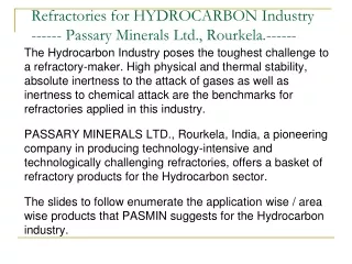 Refractories for HYDROCARBON Industry ------ Passary Minerals Ltd., Rourkela.------