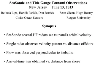 SeaSonde  and Tide Gauge Tsunami Observations       New Jersey     June 13, 2013