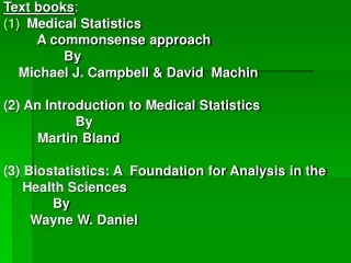 Text books : Medical Statistics           A commonsense approach                 By