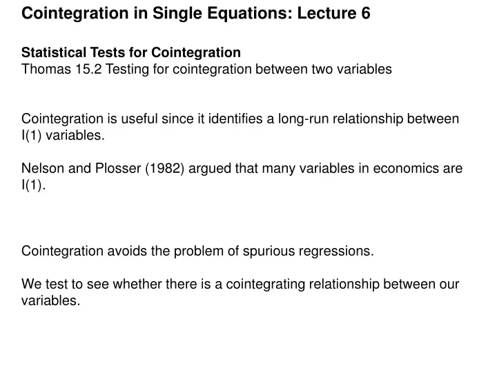cointegration in single equations lecture 6